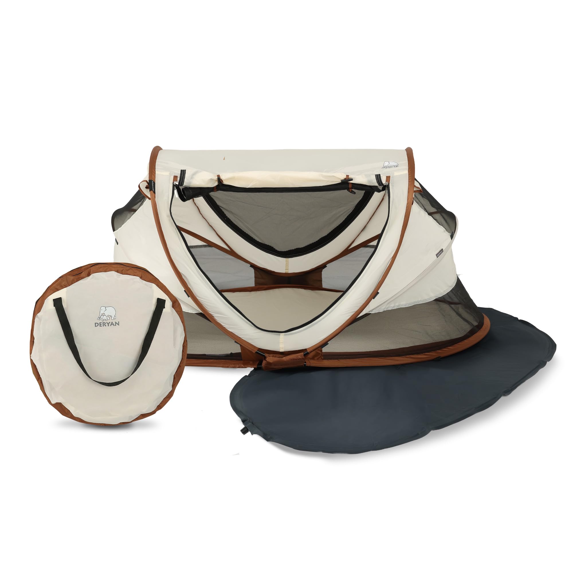 Deryan Lit de Voyage pour Petits Enfants avec Matelas, Lit bébé de la Naissance Jusqu’à 4,5 Ans, Pop Up Tente pour Bébé Montée en 2 Secondes, Moustiquaire & Sac de Voyage Inclus, Facile à Plier, Sable