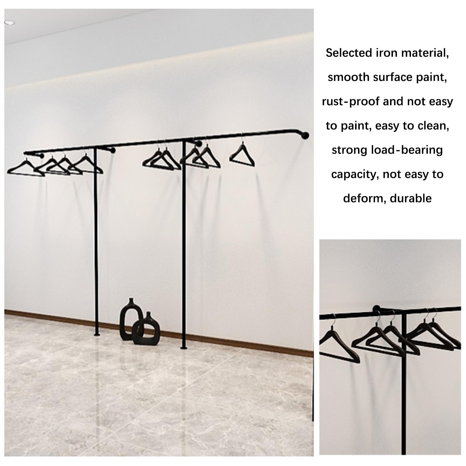 Perchero Industrial de Tubos, Perchero de Pared en Forma de T, Ideal para exhibiciones en centros comerciales, Tiendas y boutiques, Almacenamiento Multiuso,Black-137.8x11.03x66.93in