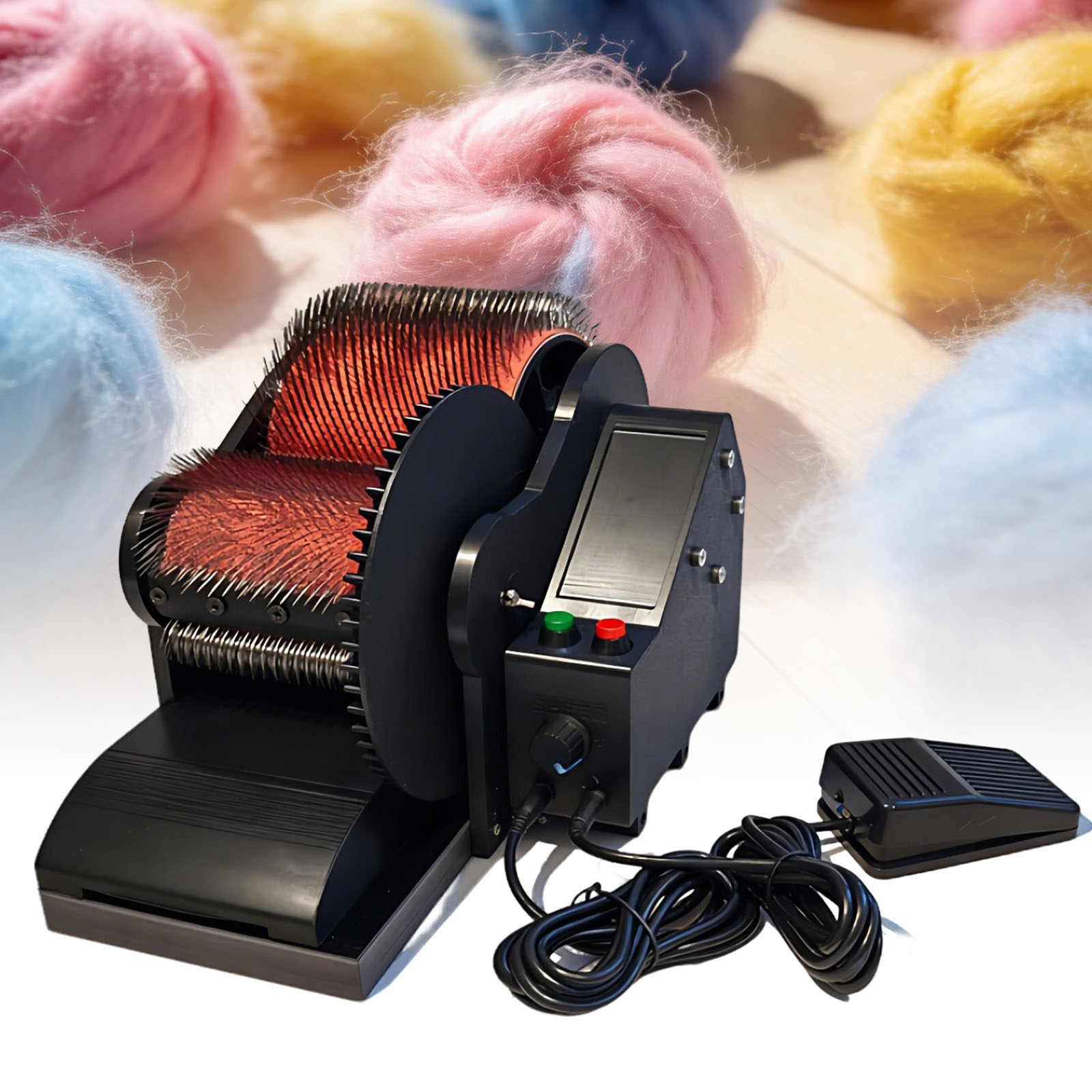 Ymnogjie Multicolor 50W Electric Wool Combing Machine,Wool Drum Carder Fiber Carding,Remove Fiber Impurities,56 Rpm,Speed Adjustable,With Foot Pedal For Fast Color Mixing,Combing,Spinning