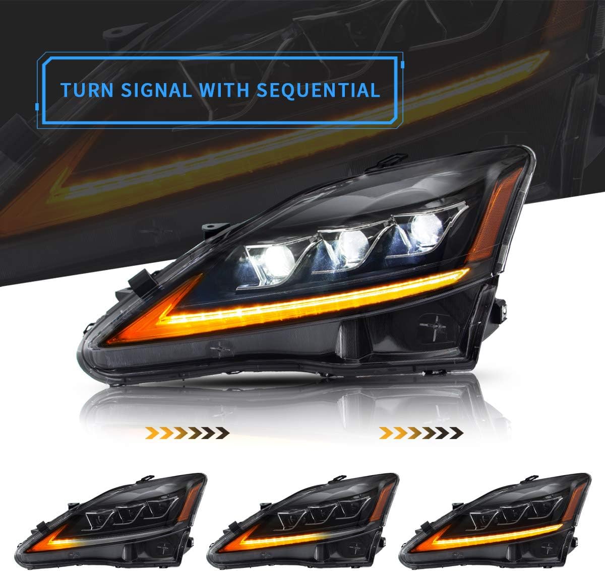 VLAND Led Headlights and Tail Lights Compatible with Lexus IS250 IS350 IS220d 2006-2012, ISF 2008-2014 (NOT Fit IS250C/ IS350C) Amber Headlamps+ Smoke Rear Lamp Assembly