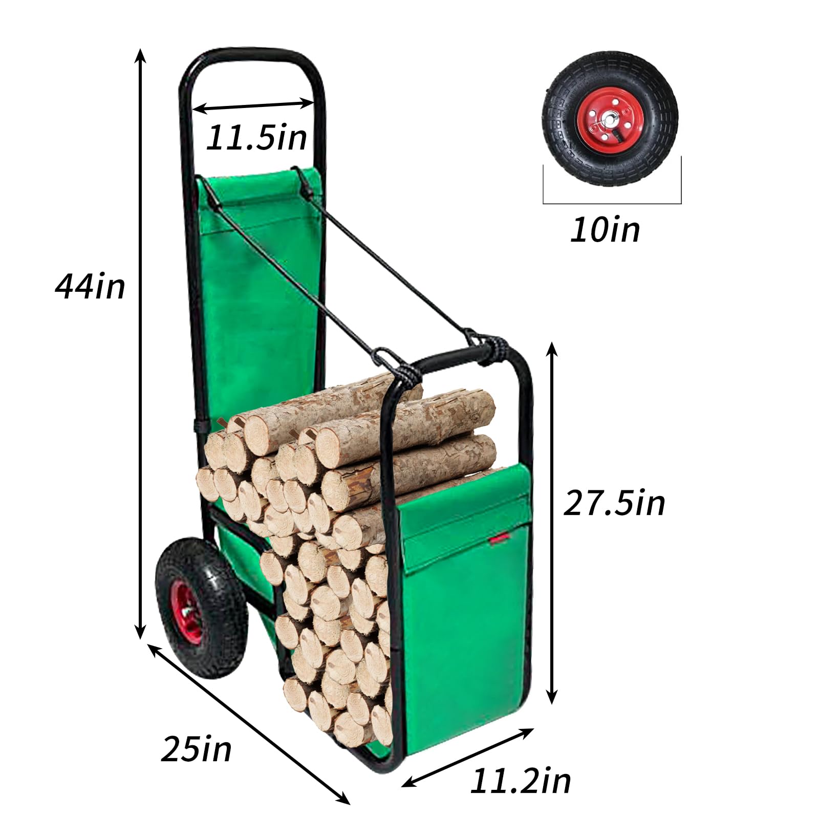 Carrello per legna da ardere con ruote in gomma, supporto per legna da ardere, 113,4 kg, nero, resistente, in acciaio, con copertura in PVC verde