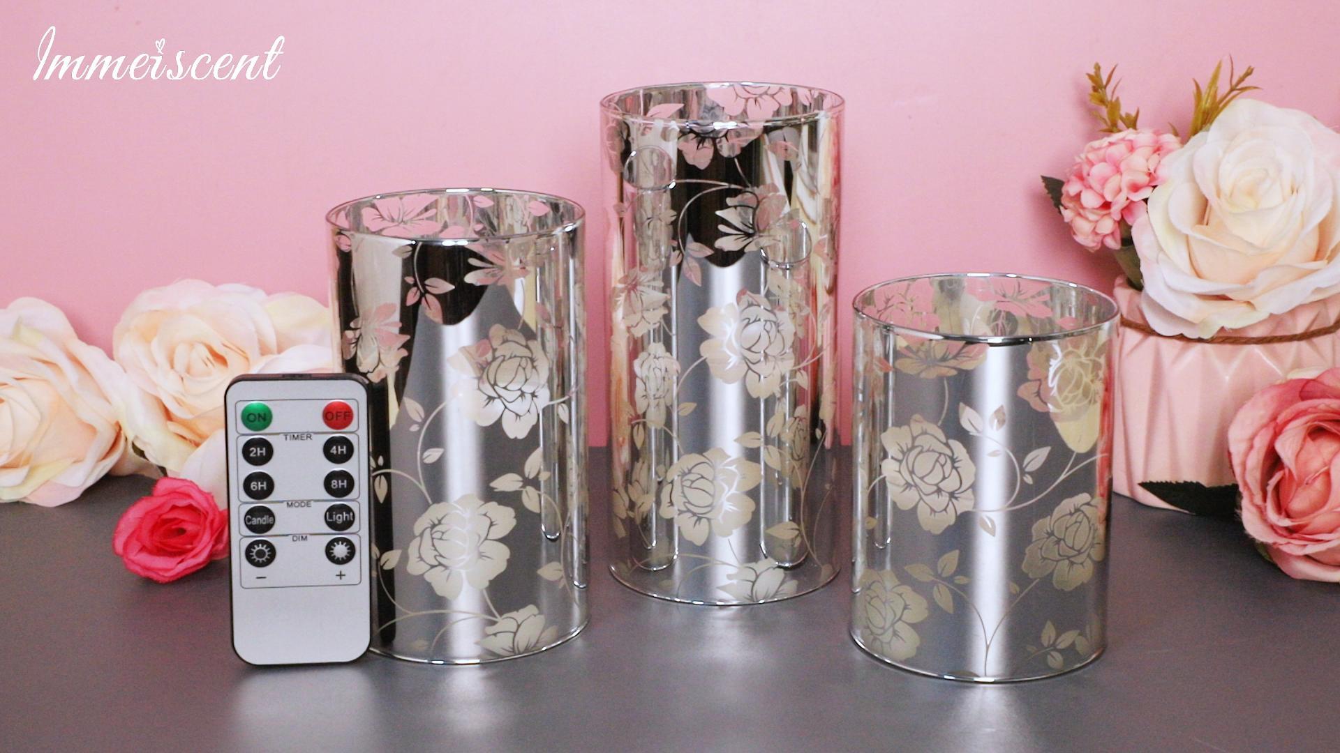Image of Floral Glass Flameless Candles Rose Romantic Battery Operated with Remote Flickering LED Silver Real Wax Pillar Candle for Valentine's Day Wedding Party Home Christmas Decor, Set of 3