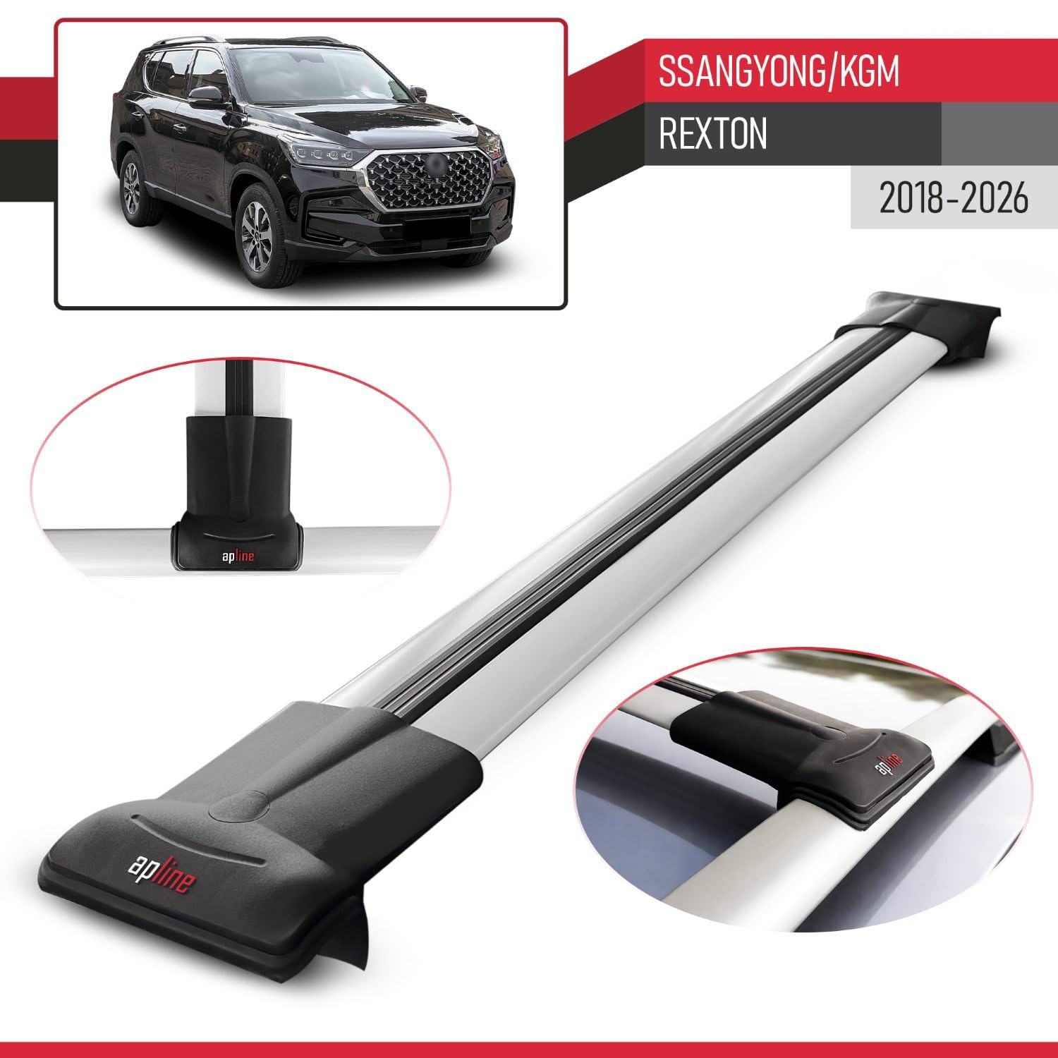 Compatibile con SsangYong/KGM Rexton 2018-2026 Modello FLY Barre Tetto Portapacchi Auto Barre Portatutto Grigio Alluminio 2 Barre