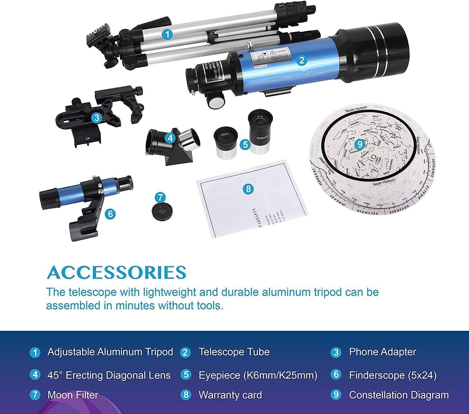 Telescope for Adults Astronomy Beginners 70Mm Refractor Telescopes with Adjustable 51 Inch Tripod Phone Adapter Erect-Image Diagonal and Moon Filter