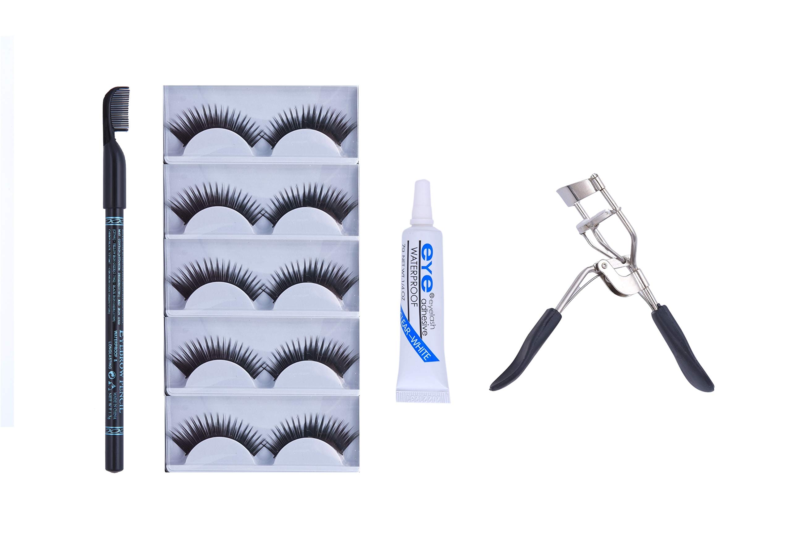ClubBeauty 5 Pieces Eyelashes with Eyelash Glue and Eyelash Curler With Black Eyebrow Free