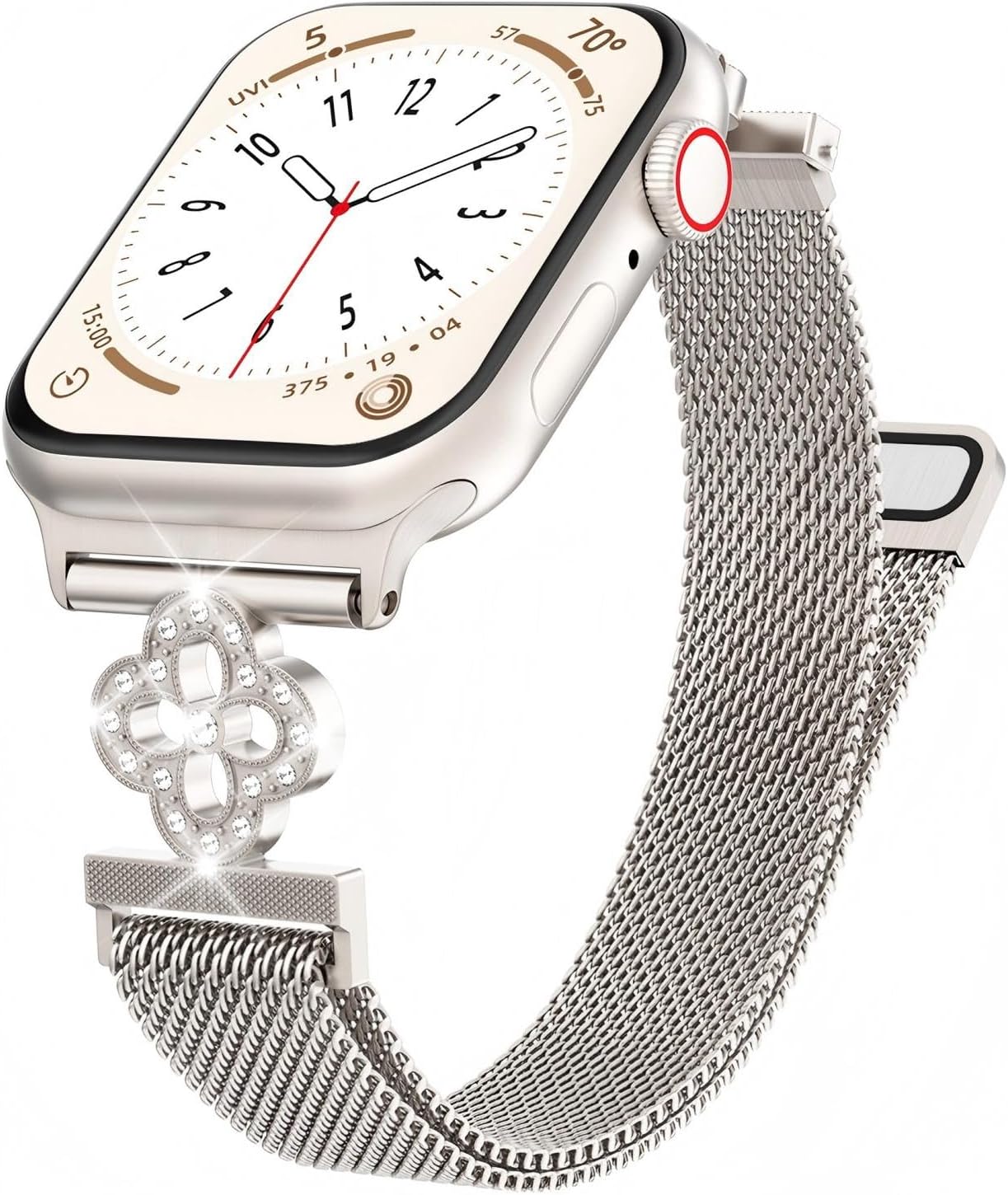 Thin Mesh Loop Compatible with Apple Watch Bands for Women 40mm 41mm 38mm 42mm Series 10 9 8 7 6 5 4 3 2 1 SE, Metal Stainless Steel Magnetic Strap with Clover Diamond Clasp for iWatch Bands - Image 9