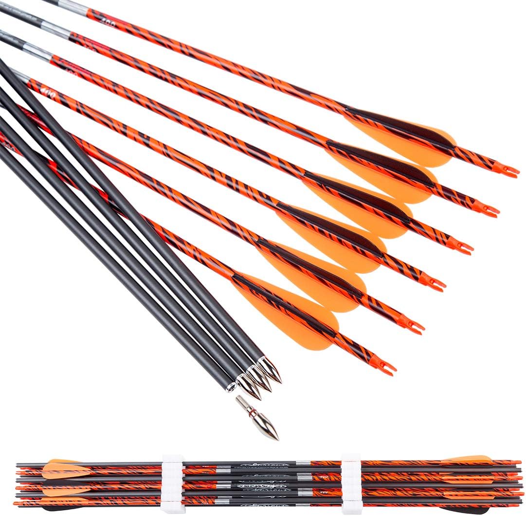 Archery 300 340 400 500 600 700 800 Spine Carbon Arrows for Compound Recurve Bow Traditional Longbow 30 32 Inch Shafts Hunting Target Feather Arrow 12PCS