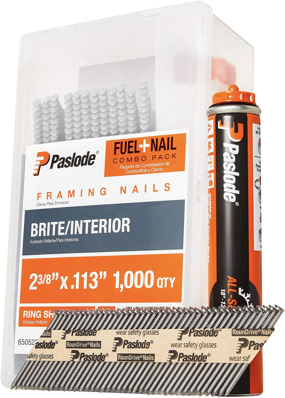 Paslode, Framing Nails and Fuel Pack, 650523, 2 3/8 inch x .113 Gauge, Ring Brite, 1 Fuel Cell and 1,000 Nails
