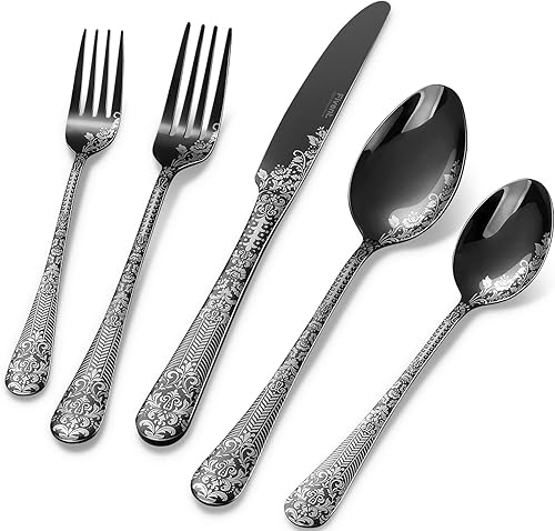 Miniatura 9 de Fivent Juego de cubiertos de damasco floral negro rosa  20 piezas  Incluye 8 cucharas, 8 x tenedores, 4 cuchillos  acero inoxidable  apto para