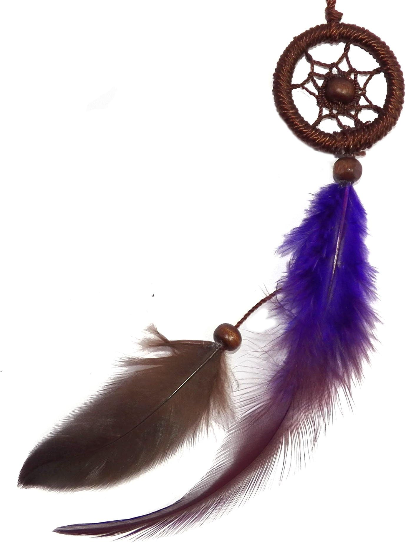 Dreamcatcher Necklace Brown Cotton Cord Wooden Beads Purple Feather Handmade Bohemian (DC10004)