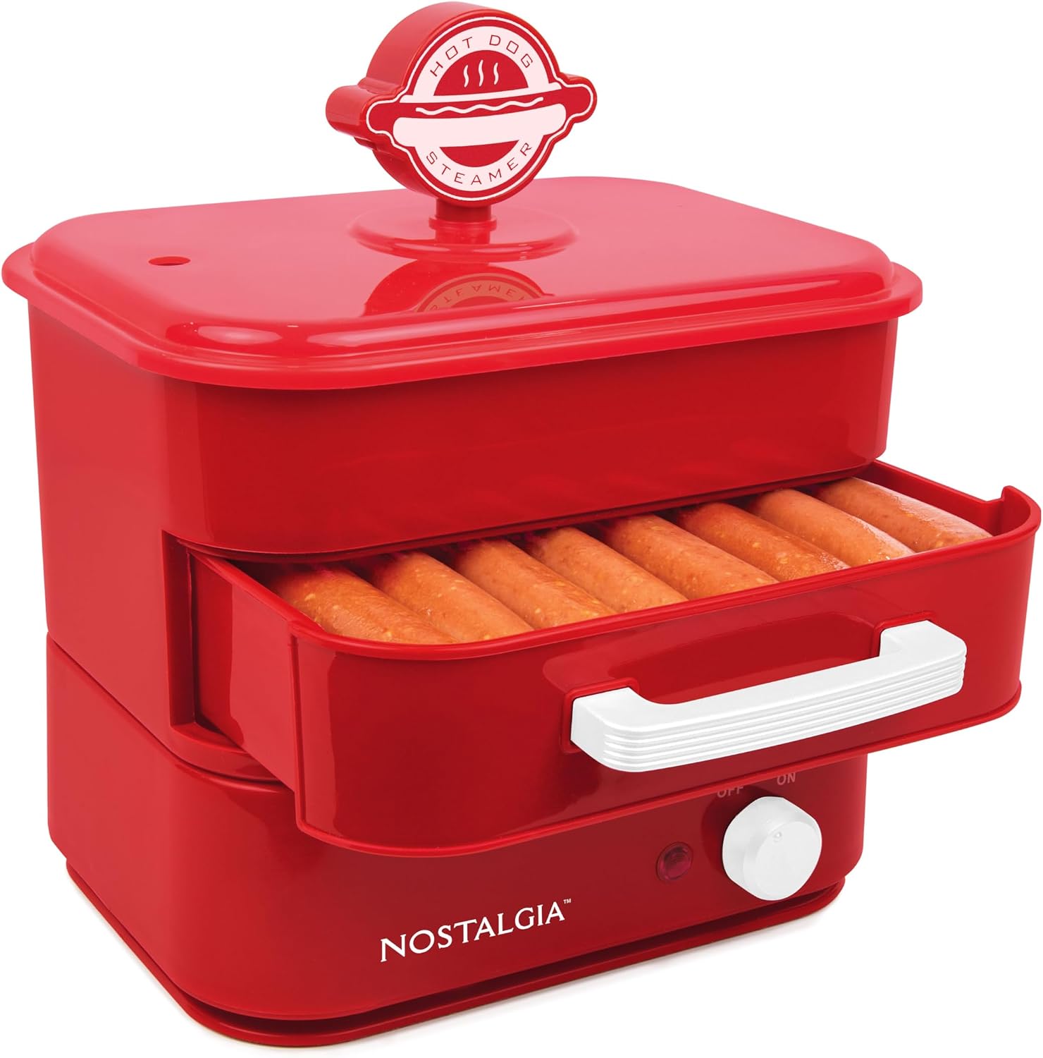 Nostalgia Diner Style Hot Dog Steamer – 8 Hot Dog and 4 Bun Capacity – Perfect for Breakfast Sausages, Brats, Vegetables, or Fish – Red