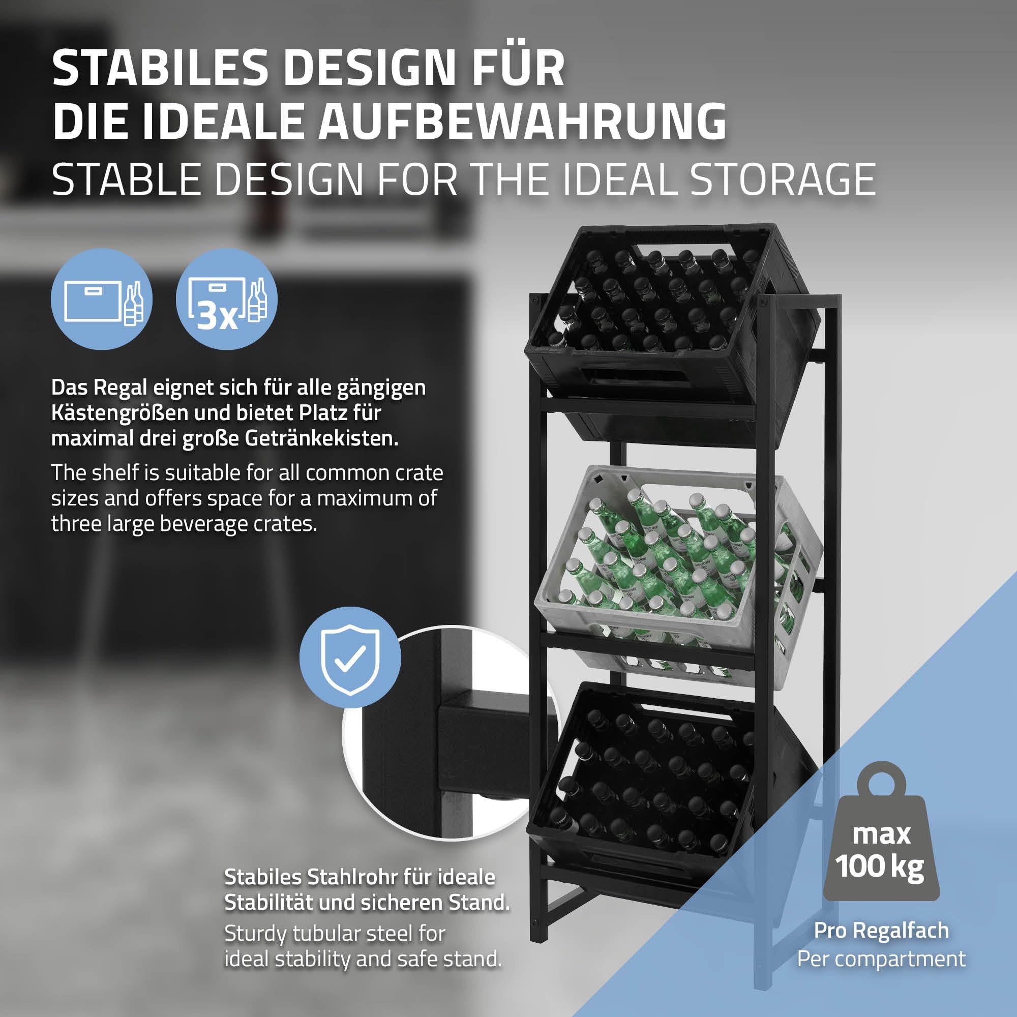 ML-Design Stojak na skrzynki na napoje na 3 skrzynki, 47x31x116,5 cm metalowy, wolnostojacy, stojacy stojak na skrzynki na napoje, stojak na napoje stojak na skrzynki na piwo