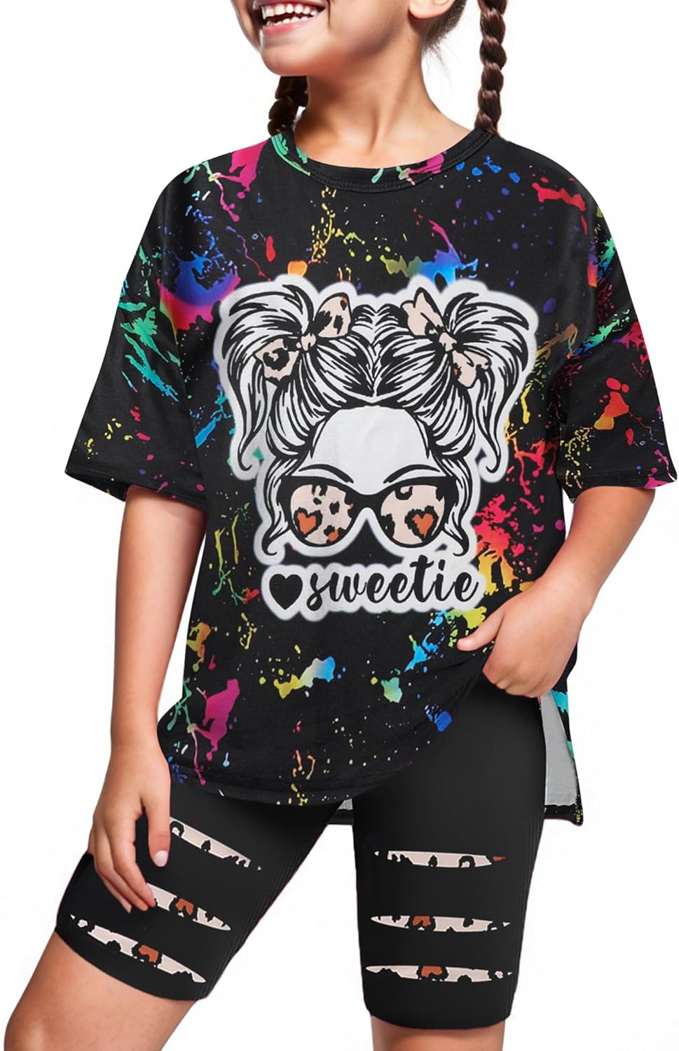 Girls Summer Clothes Short Sleeve Tie Dye Short Sleeve T Shirt Tops + Leggings Swea...