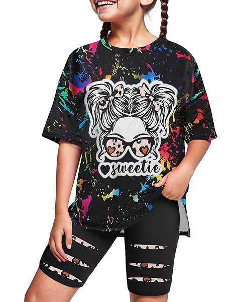 Girls Summer Clothes Short Sleeve Tie Dye Short Sleeve T Shirt Tops + Leggings Swea...