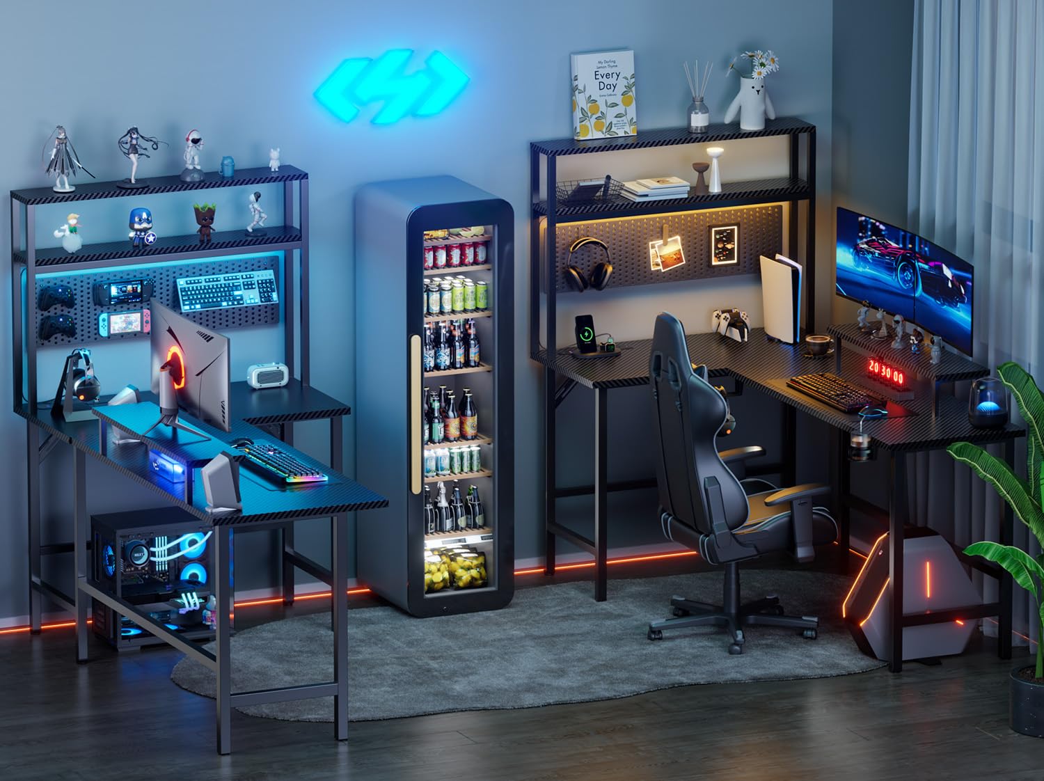 HLFURNIEU Bureau Gaming en L LED, 150 x 100 cm, Noir | Prise Intégrée, Ports USB, Étagères, Surface en Fibre de Carbone