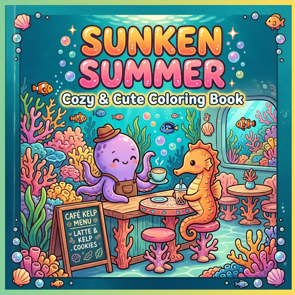 Sunken Summer: Cozy & Cute Coloring Book: Cozy Underwater Scenes and Kawaii Sea Life for Stress Relief and Creative Relaxation