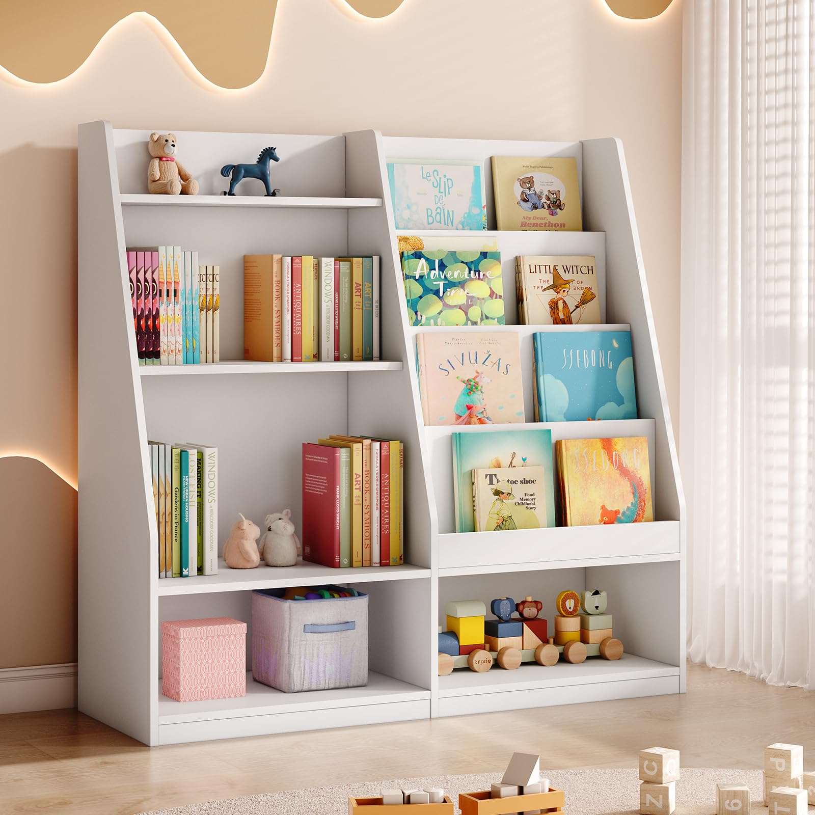 Tatub 4 Tier Kids Wood Bookshelf and Toy Storage for Nursery, White