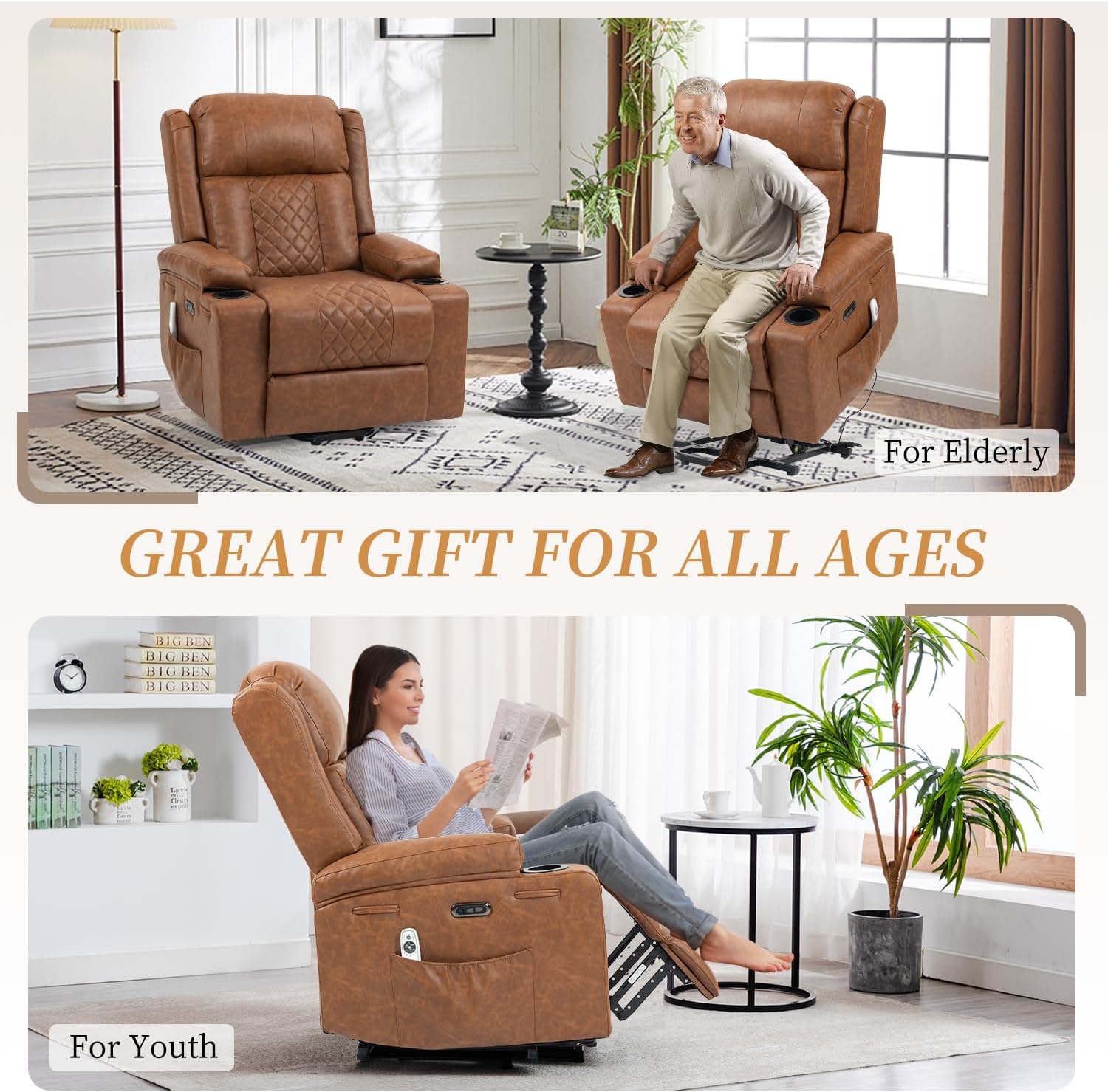 Power Lift Recliner Chair for Elderly with Vibration Massage and Lumbar Heating, Electric PU Leather Single Sofa with Cup Holders and USB & Type C Ports for Living Room, Saddle Brown