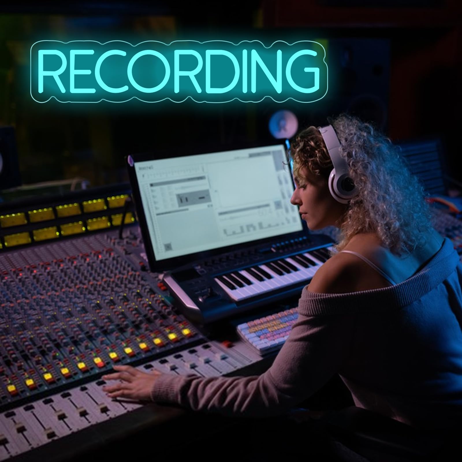 Recording Neonschild, LED-Studio, Live-Dekorationslichter, dimmbares Lichtschild für Streamer, Influencer, Gamer, Zimmer, Bar, Club, Home, Party-Dekoration (Eisblau)