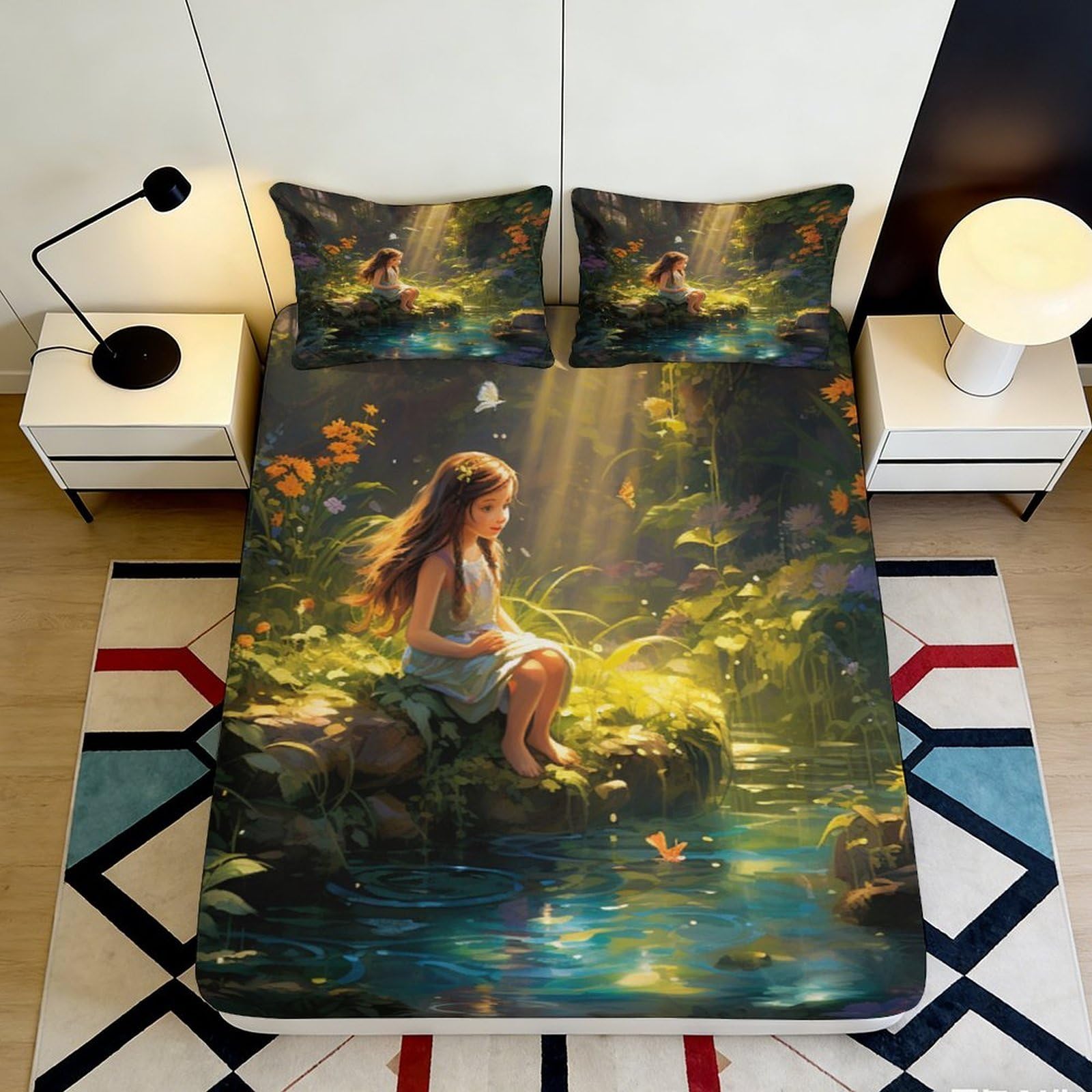 3D Printed Forest Sunlight Fitted Sheet Microfiber Soft Artistic Girl by Lake Bed Cover for Bedroom Guest Room Decor 90x200x25cm