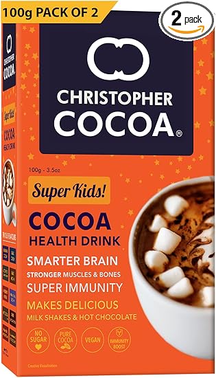 Christopher Cocoa Super Kids Cocoa Powder Health and Nutrition Drink, No Sugar Vegan, 100g Pack of 2 (For Kids and Adults), 200g