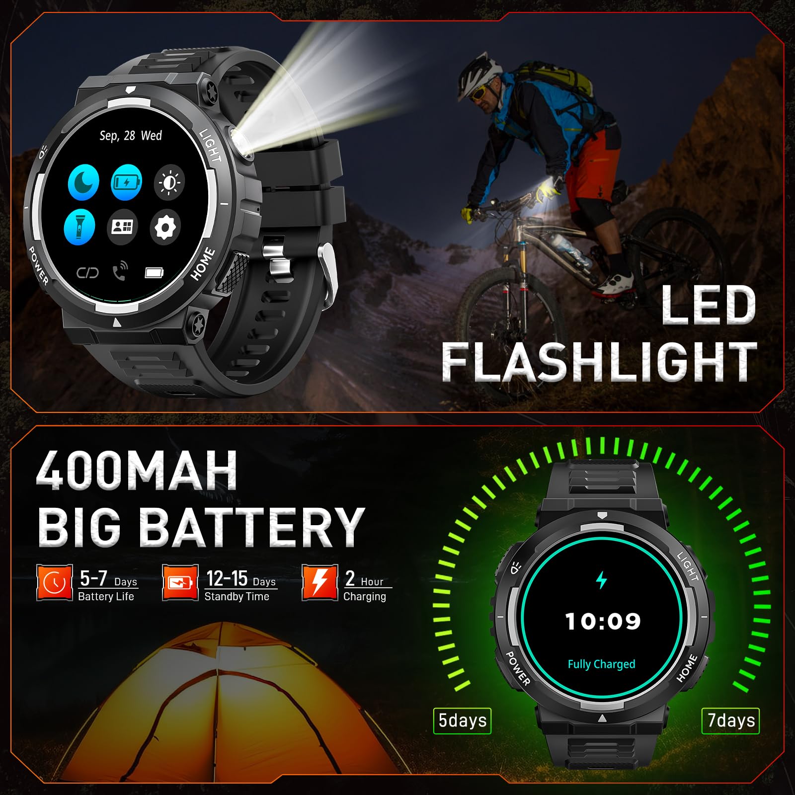 Montre intelligente militaire pour homme (répondre/passer des appels) avec lampe de poche LED étanche 3 ATM avec plus de 100 modes de sport Tracker d'activité 3,9 cm avec moniteur de fréquence