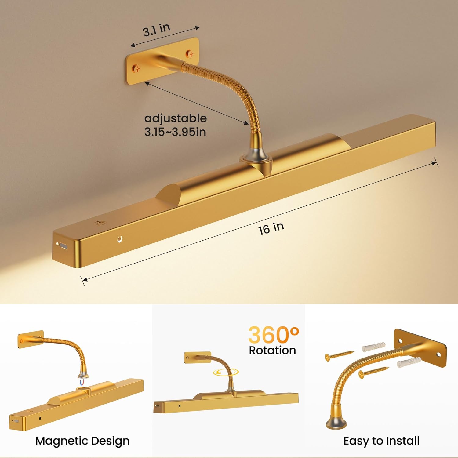 Diagram illustrating the magnetic design of the picture light, showing how the light bar detaches from the gooseneck, and the adjustable gooseneck for 360-degree rotation.