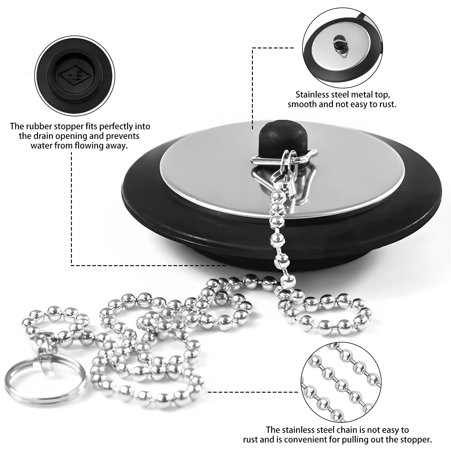 2 Pcs Sink Plug, Universal Sink Plug Replacement Bath Plug and Chain Kitchen Sink Plug Stainless Steel Chain Sink Plug for Bath Kitchen Sink Bathroom Sink (Size 1.65 in To 1.77 in, Chain 16.5 in) - Image 3