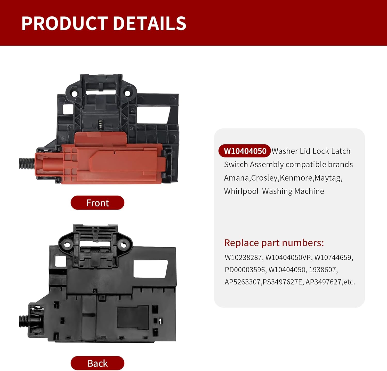 W10404050 W10238287 Washer Lid Lock Latch Switch Assembly W10240513 Lid Strike Fit for Washing Machine Replace AP5263307 W10744659 PS349762