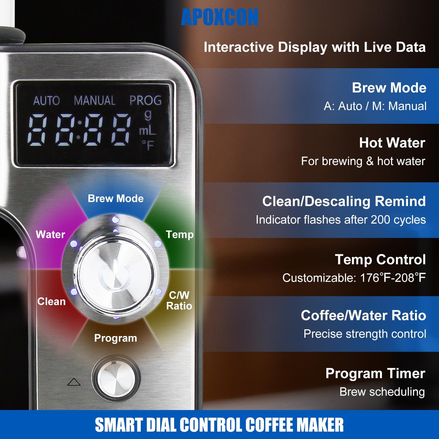 Drip Coffee Machine with Carafe, Pour Over Coffee Maker with Auto & Manual Mode, 24-Hr Programmable Single-Serve Brewer, Built-in Scale, Stainless Steel Filter - 1L