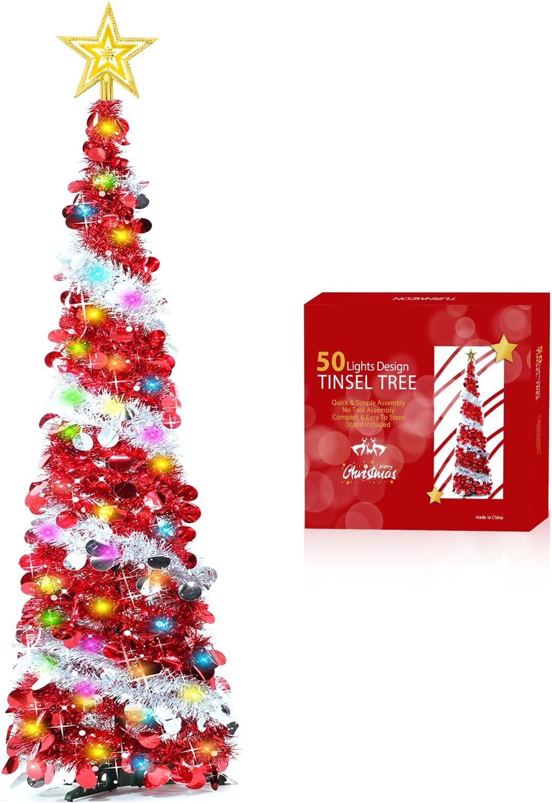 Dual Color Change Lights & Timer - 5 Ft Tinsel Christmas Tree Ball Ornaments Star Pop up Christmas Tree Battery Operated 50 Warm White/Multicolor Light Sequin Holiday Xmas Decoration Indoor Home Party