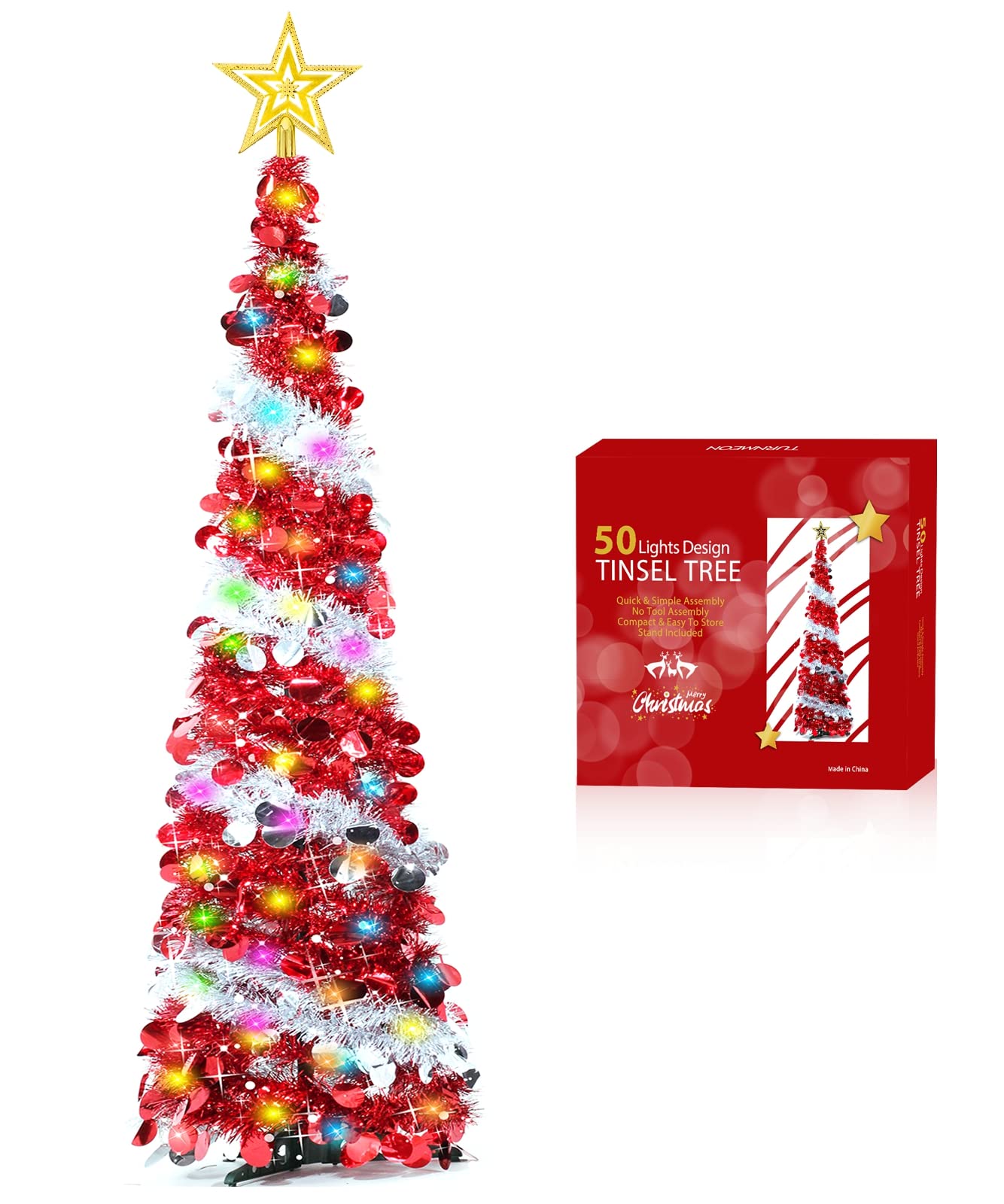 Dual Color Change Lights & Timer - 5 Ft Tinsel Christmas Tree Ball Ornaments Star Pop up Christmas Tree Battery Operated 50 Warm White/Multicolor Light Sequin Holiday Xmas Decoration Indoor Home Party