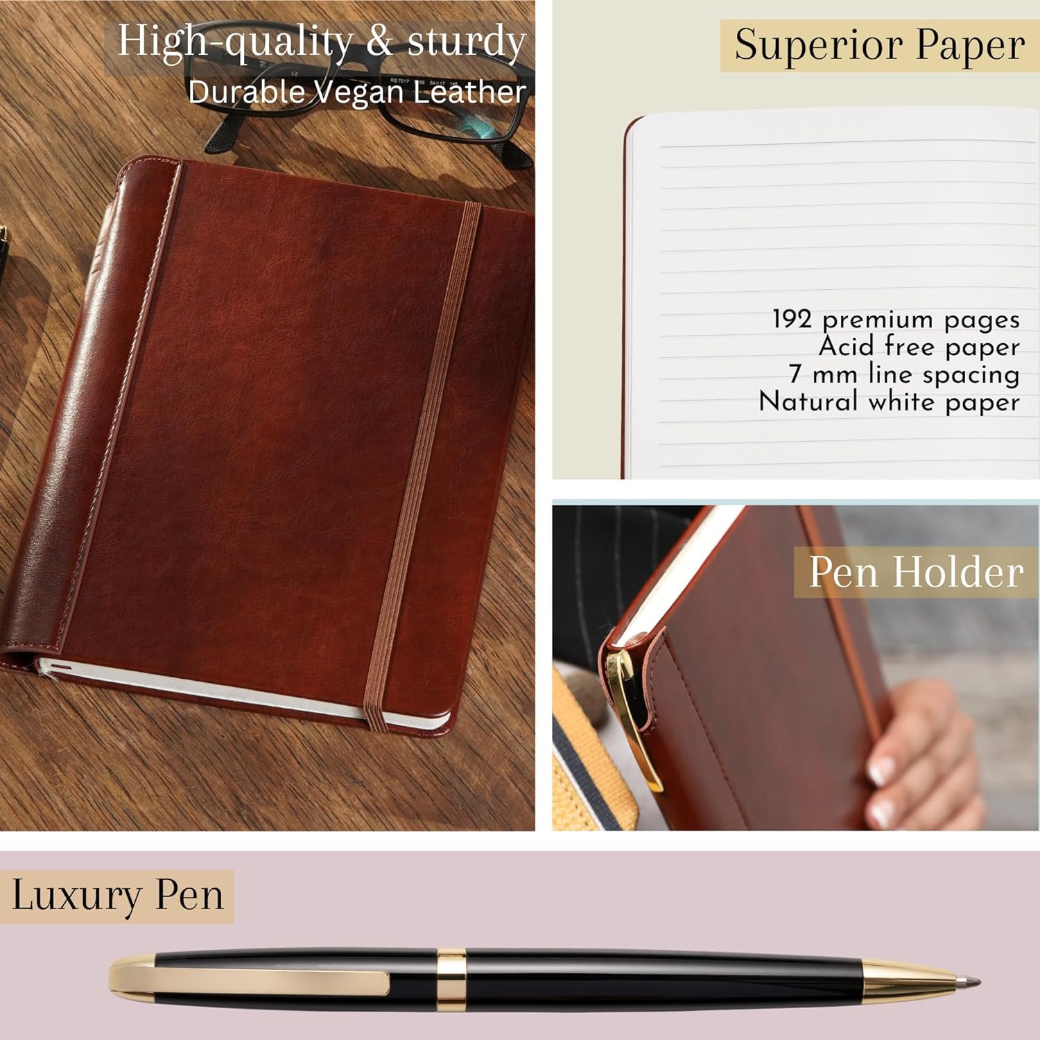 SETTINI® Classic Lined Journal, Writing Gift Set, Hardcover Vegan Leather, Unique Pen Holder, 192 Pages, 16 x 21.3 cm - Image 4