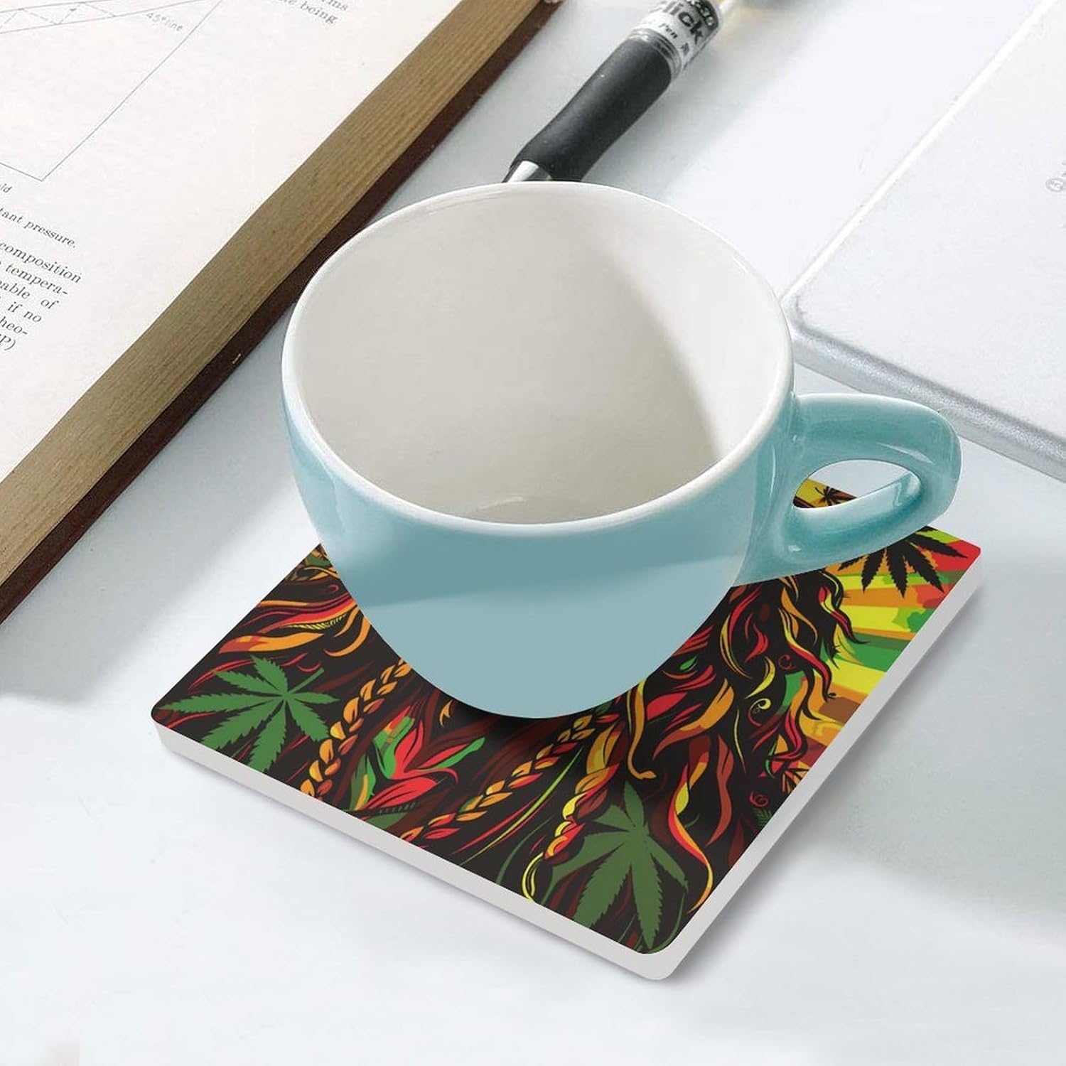 Weed Rasta Liones Jamaica Flag Coaster for Drinks Square Ceramic Table Coasters Stone Mat Crafts 4PCS Home Kitchen Decor