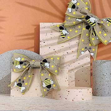 12 Yards Bumble Bee Ribbons Bee Wired Edge Ribbon Honeybee Decorative Ribbons for Wrapping Floral Hanging Ornaments Home Decoration