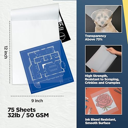 Miniatura 10 de LOUPELLER Papel de calco para dibujar 100 hojas, 9 x 12 pulgadas, 32 libras, bloc de papel de calco altamente transparente, sin arrugas, funciona