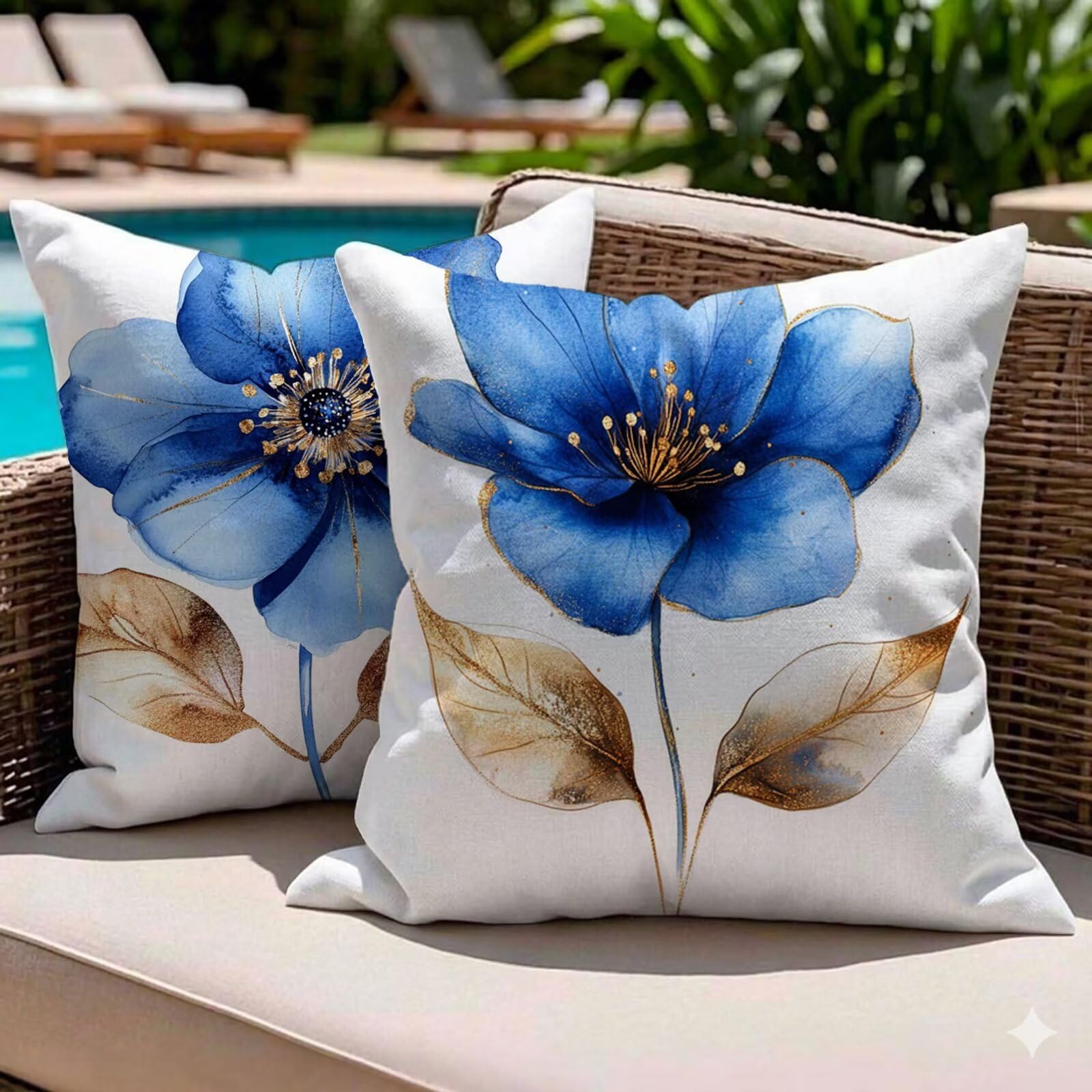 Housses de coussin extérieur imperméable 50x50 cm lot de 2 en lin blanc motif fleurs bleues