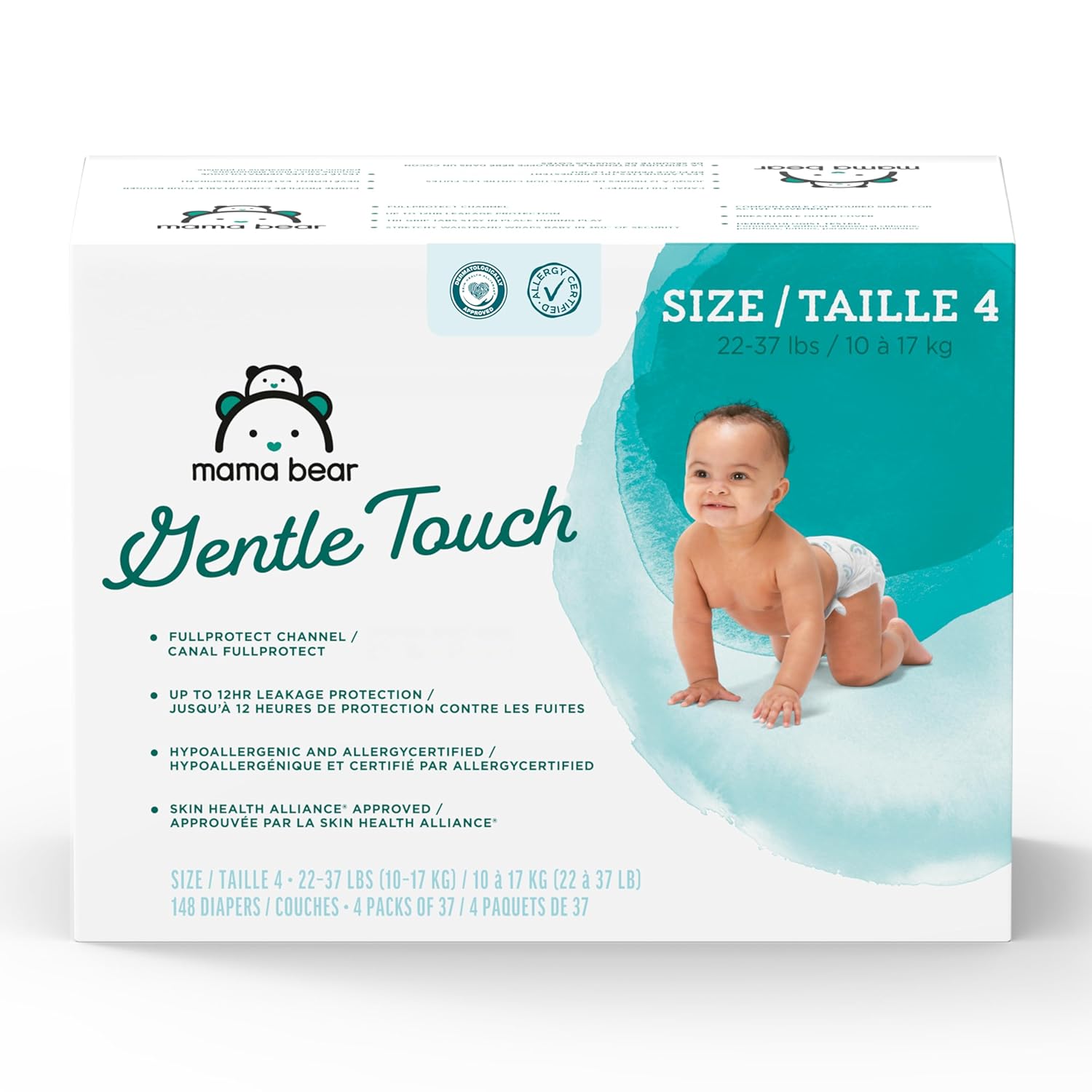 Amazon Brand - Mama Bear Gentle Touch Baby Diapers, Fragrance-Free, Size 4, 148 Count (4 packs of 37), with Skin Protection and Leak Protection