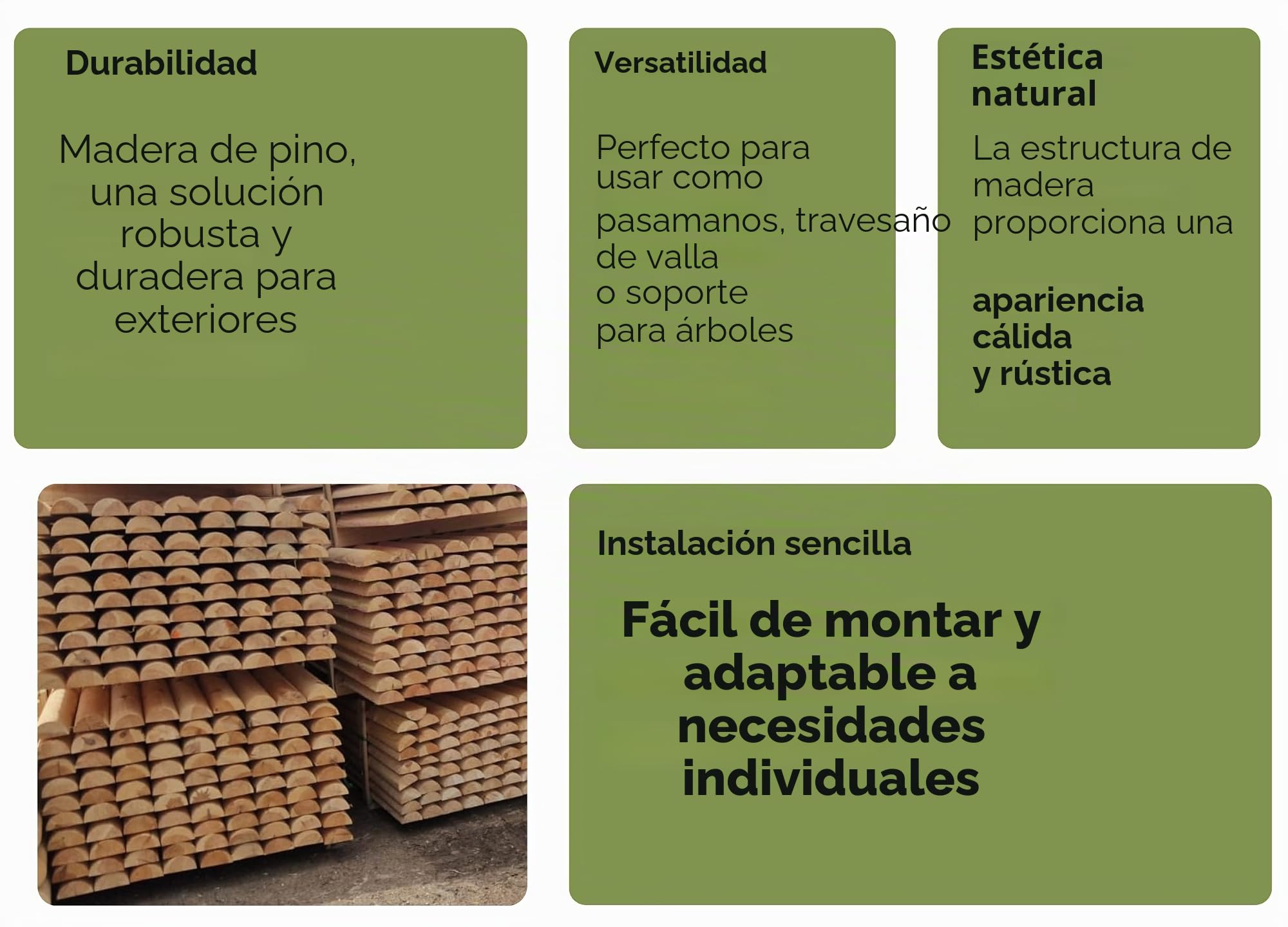 Poste de Madera Medio Redondo ½ ⌀7 cm 240 cm 8 Unidades | Madera Maciza sin Tratar para Vallas y Cercas de Jardín