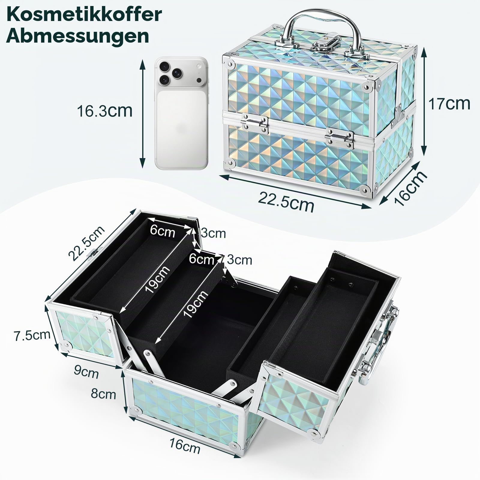 Frenessa Make-up-Koffer mit 4 Ablagen, abschließbar, Kosmetik-Organizer, Aufbewahrungsbox für Kinder, Glänzendes Blau, 22.5x16x17cm, Schminkkoffer für Kinder, Mädchen und Frauen