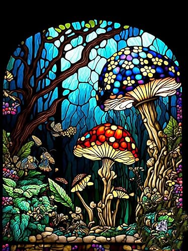 GemZono Diamond Painting Kits for Adults&Kids DIY 5D Stained Glass Mushroom Art Diamond Art Paint with Round Diamond Dots Full Drill Gem Diamond Art