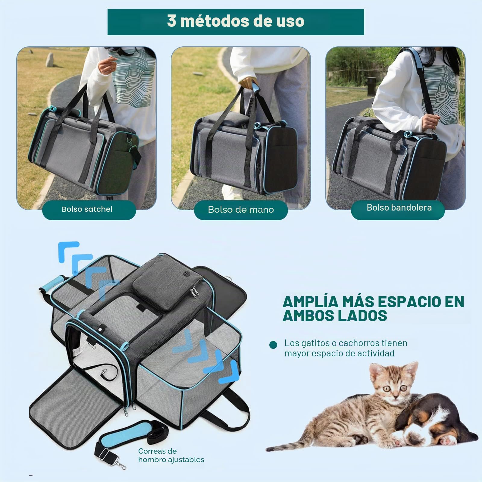 PETCUTE Transportín Extensible para Perros,Bolsa de Transporte Plegable para Gatos con Colchón Suave,Cinturón de Seguridad,Transportín Perro Pequeño,Ideal para Automóvil/Compras/Aire Libre