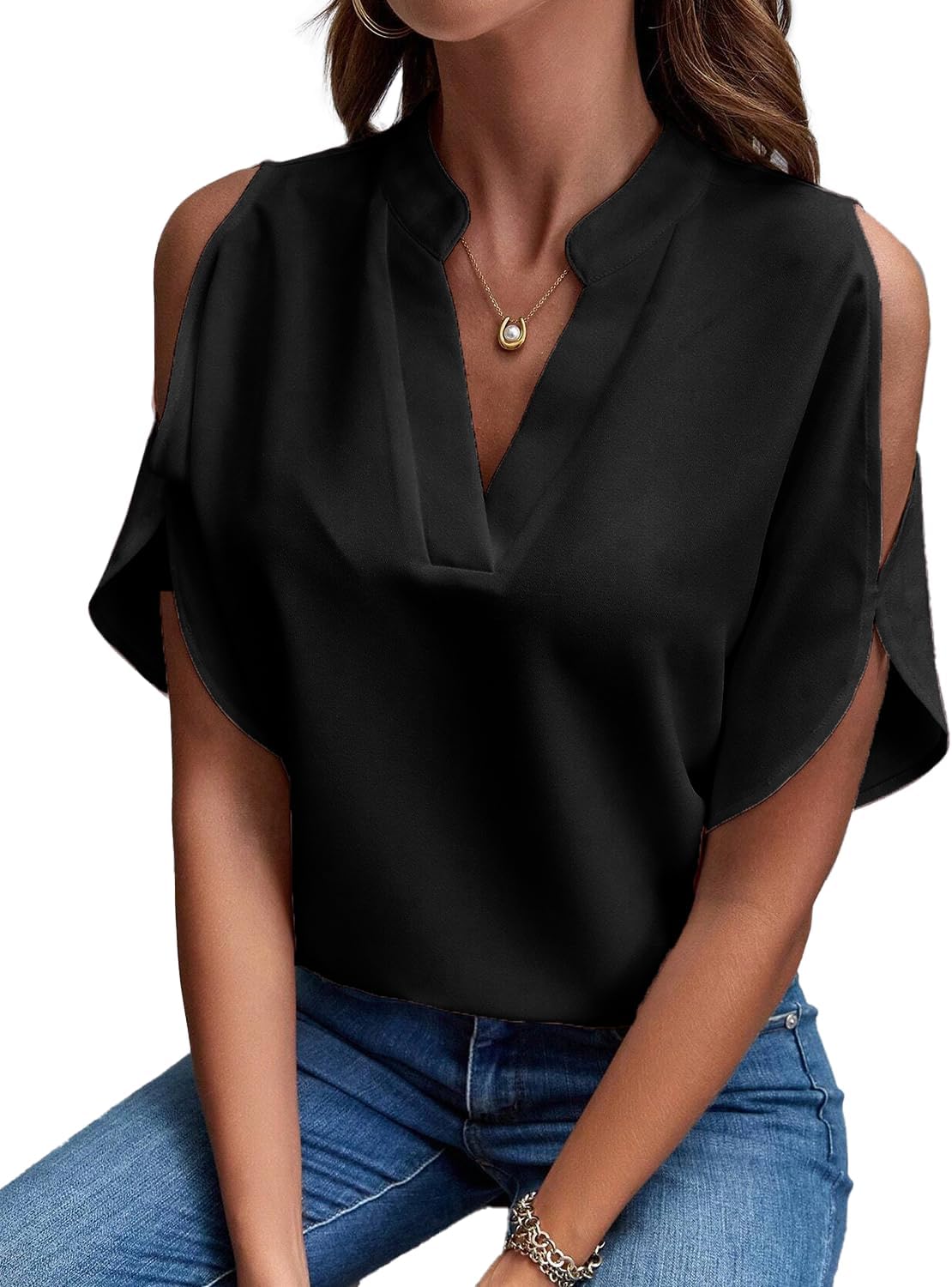 Women's Short Batwing Sleeve Blouse Soft Flowy Chiffon Shirt V-Neck Shirt for Casual Wear
