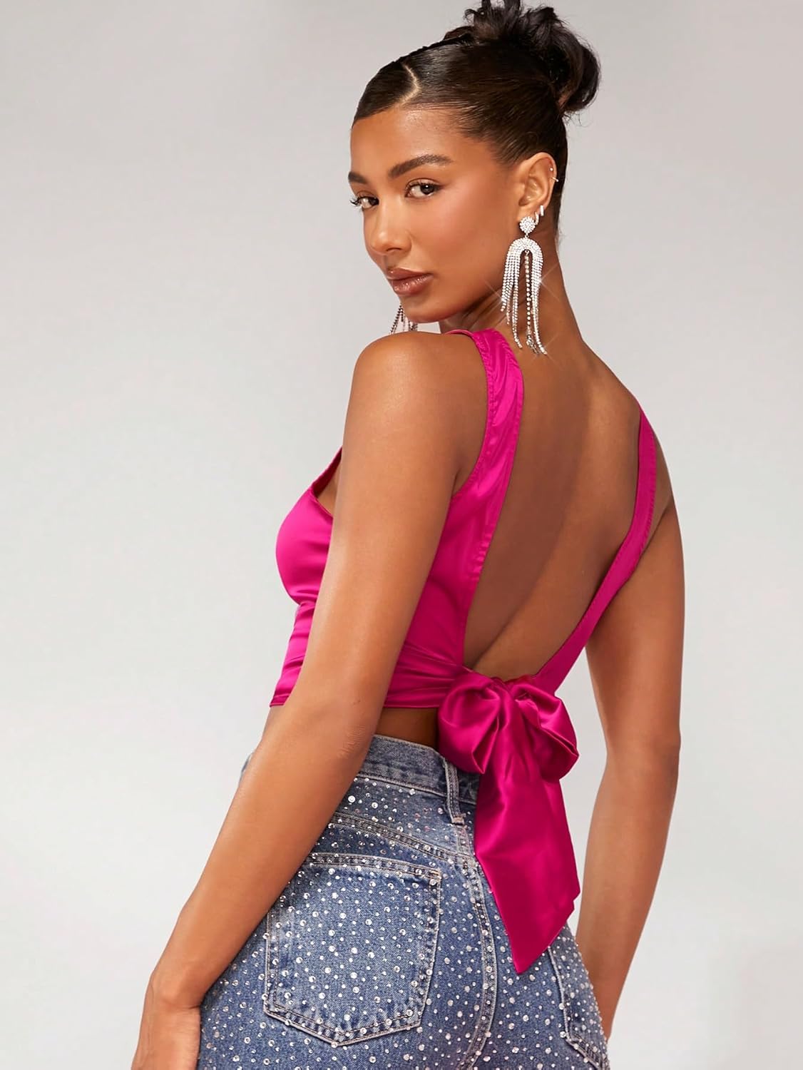 WDIRARA Women's Satin Crop Top Tie Back Backless Sleeveless Ruched Party Blouse Tops - Image 4