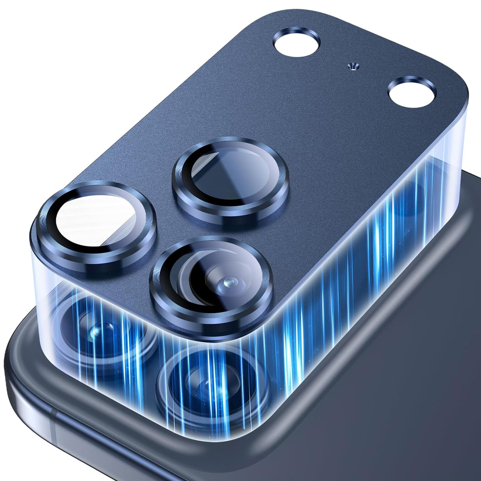 Miomg カメラフィルム iPhone 17 Pro Max 用 カメラ保護 アルミ合金製 + 硬度9H 強化ガラス レンズカバー レンズ保護 カメラカバー 全面保護 耐衝撃 露出オーバー防止 黒縁取り 高透過率 アイフォン17プロマックス 対応（ブルー）