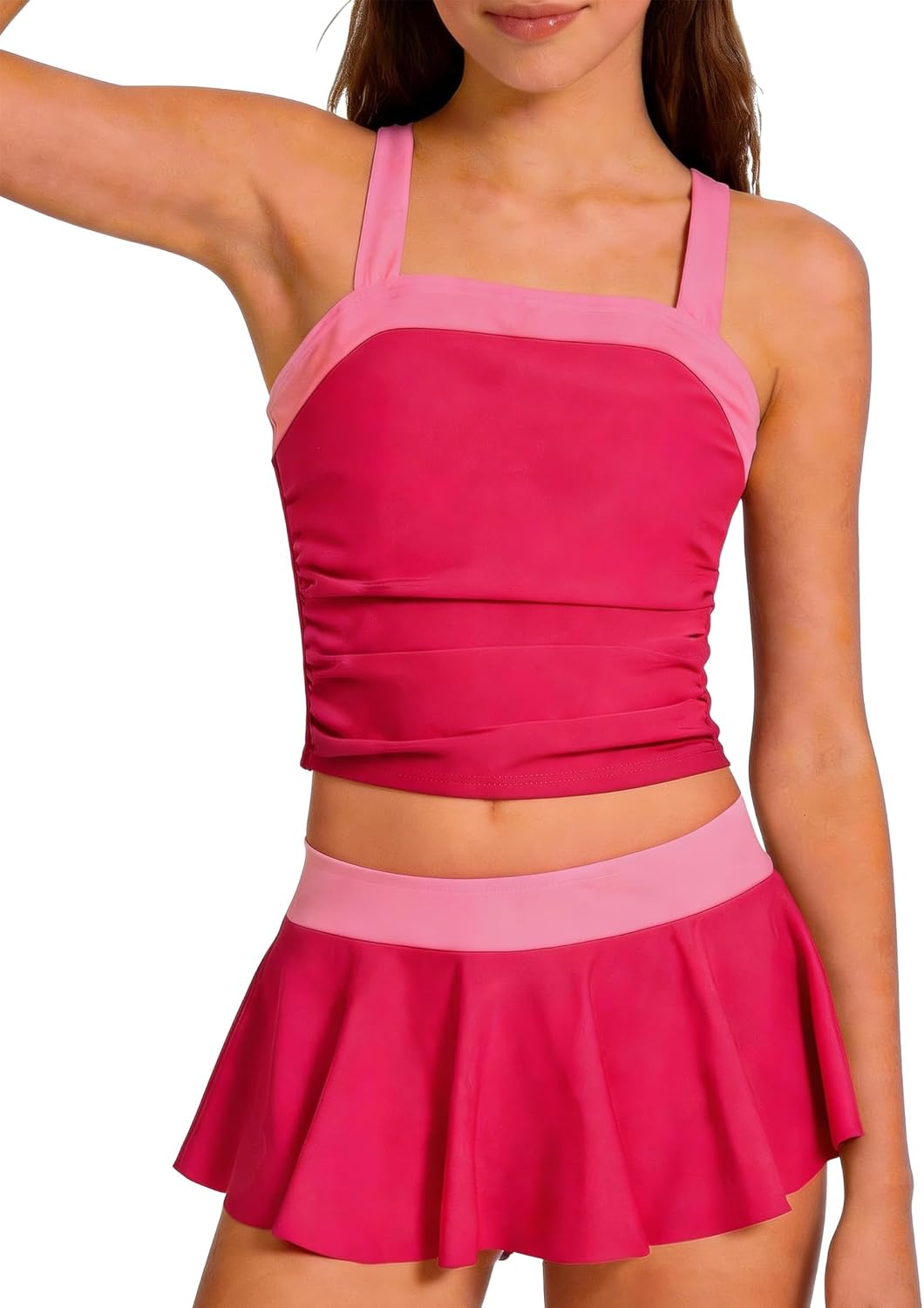 Girls Swimsuit 2 Piece Tankini Swimsuit Drawstring Colorblock Swim Skorts Girl Bathing Suit for 7-16Y