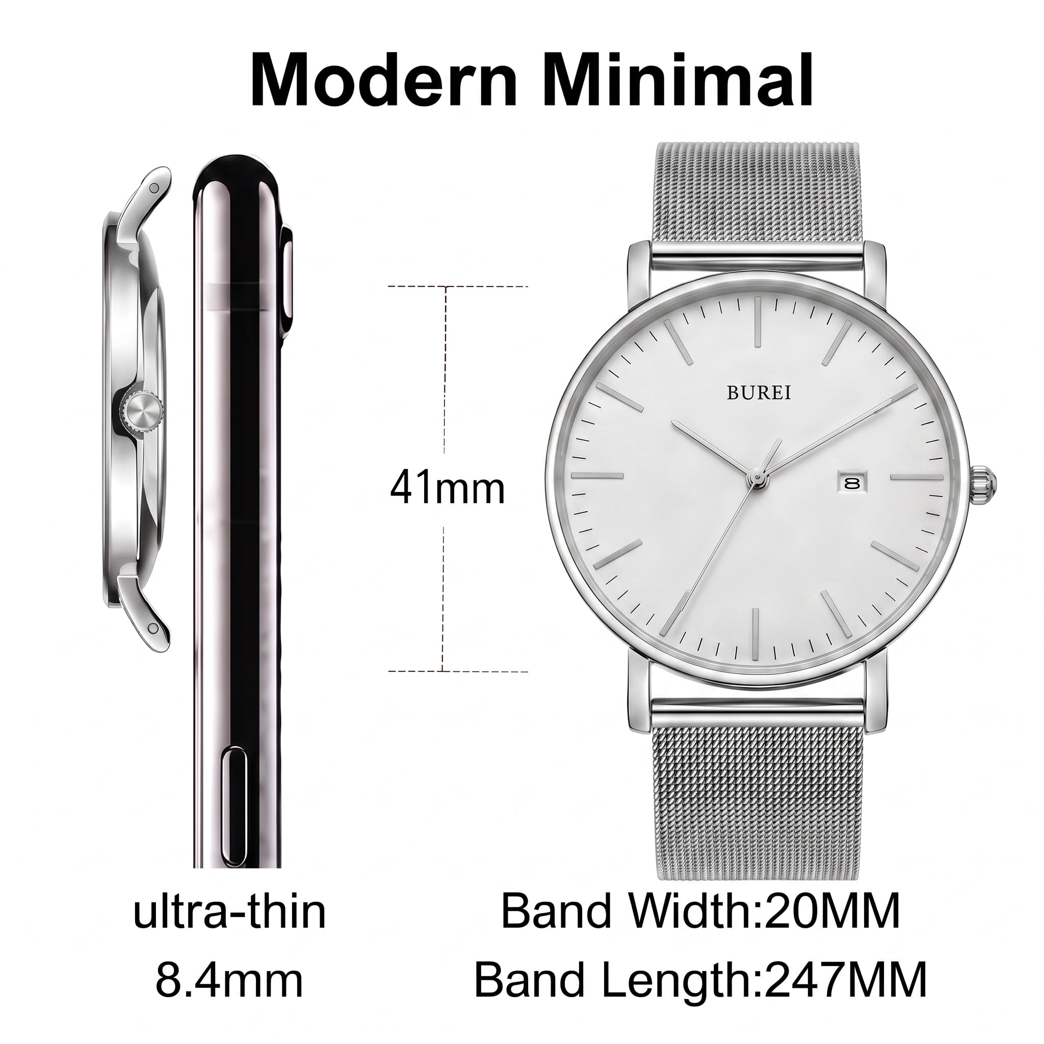 Burei - Reloj de Pulsera analógico Minimalista para Hombre, con Fecha Gris y Banda de Malla milanesa Negra (Todo Plateado)