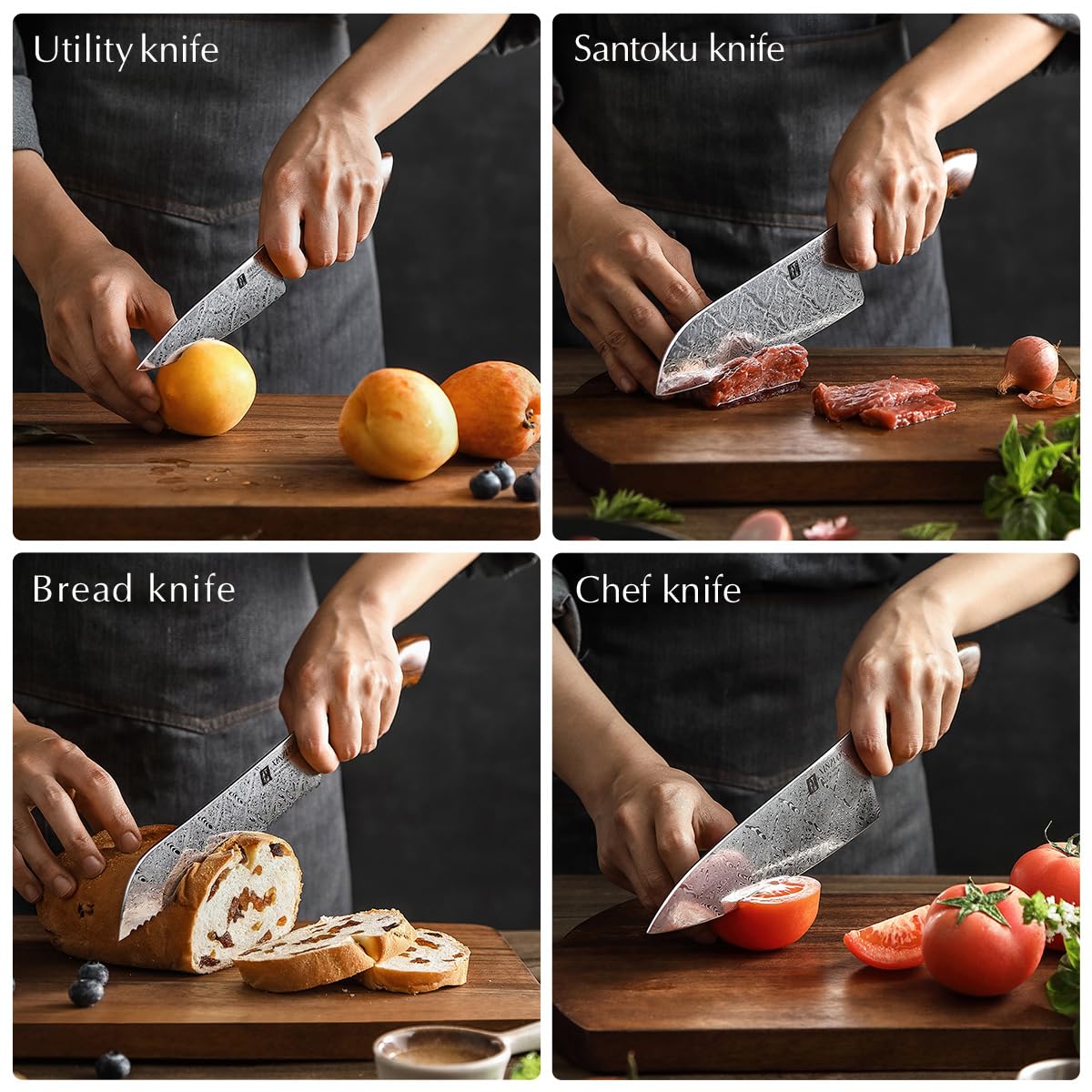 XINZUO 110 Capas de Acero Damasco Set Cuchillo Cocina 5 Piezas, Profesional Juego de Cuchillos de Cocina Forjado a Mano, Mango de Desert Ironwood y Caja de Regalo, Para Carne, Verduras, Fruta, Pan
