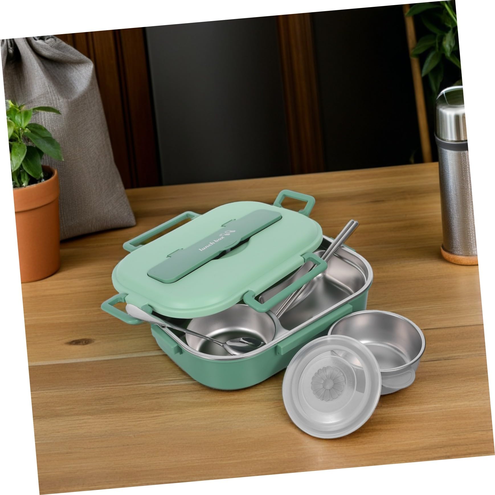 Boîte à Déjeuner Bento 1500ml en Acier Inoxydable Vert, 4 Compartiments
