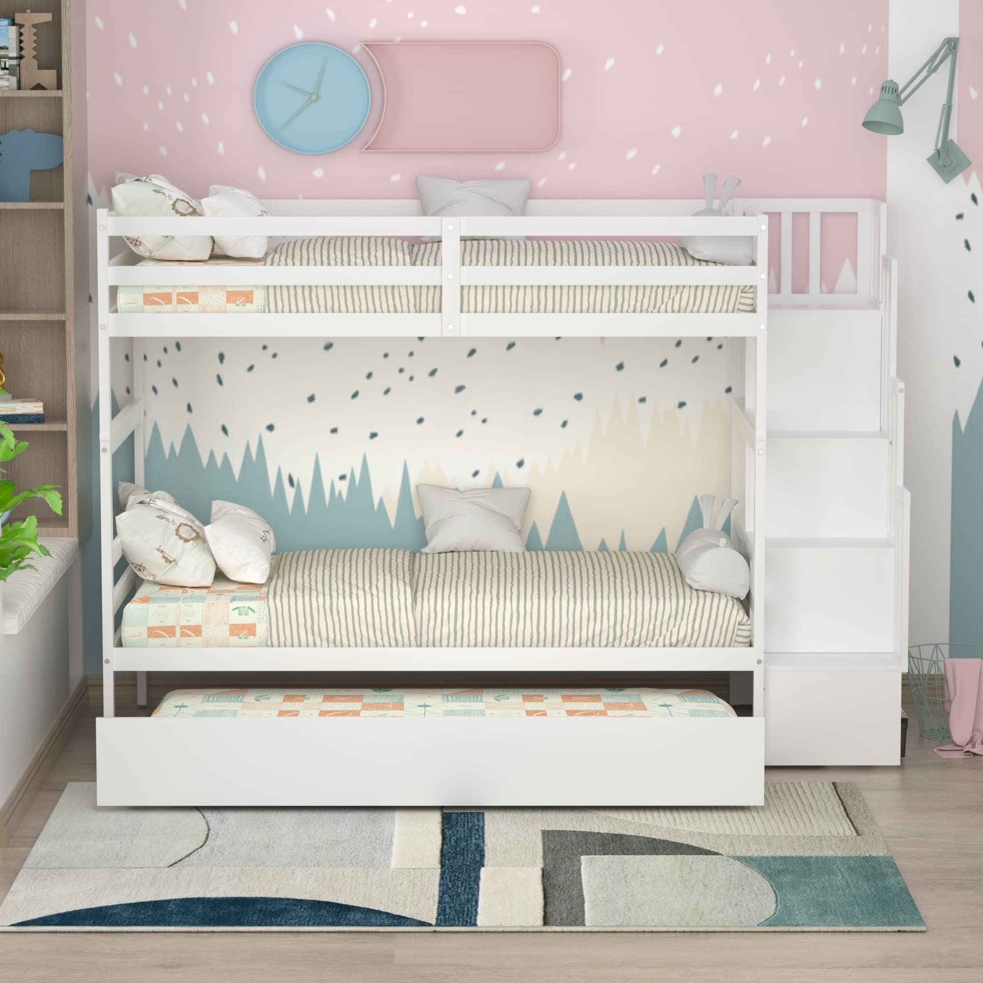 Olela Bunk Bed Twin Over Twin with Trundle,Convertible Wood Bunk Bed Frame with Storage Shelves and Stairs for Kids Teens, No Box Spring Need,White